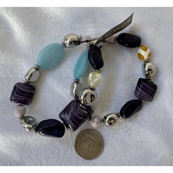 Chico's 2 PC Turquoise Blue Purple Silvertone Stretch Stackable Bracelet - NWT - Picture 7 of 16